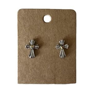 Silver Cross Stud Earrings with a Gold Heart